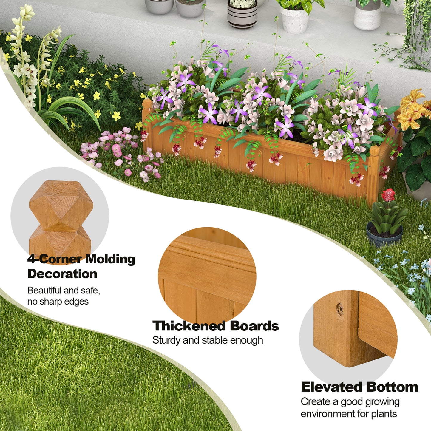 Wooden Rectangular Planter Box Raised Garden Bed for Plants with 4 Corner Drainage