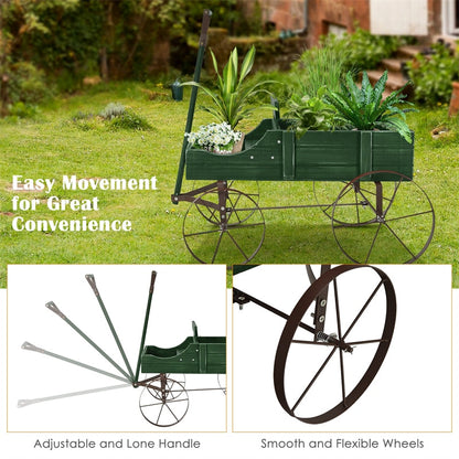 Wooden Garden Planter Wagon Cart with Metal Wheels for Backyard