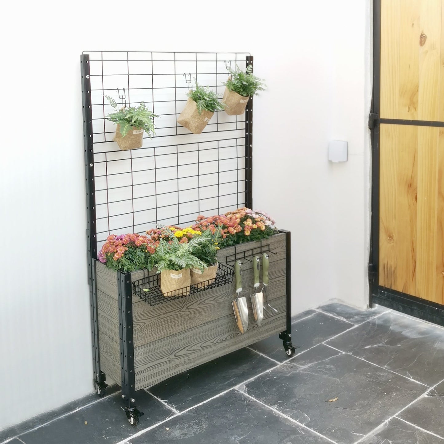 Mobile Deep Trough Planter with Trellis and Basket & Hook Set