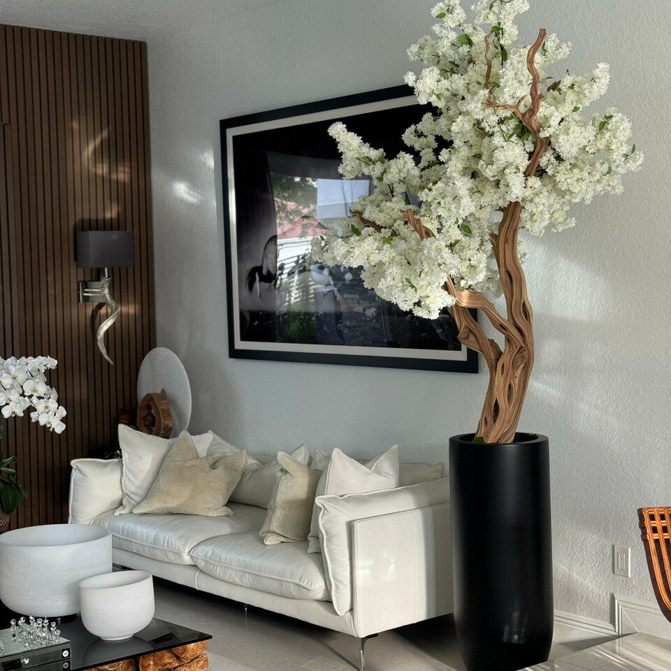 Most popular matte black st tropez planter with custom made white cherry blossom tree