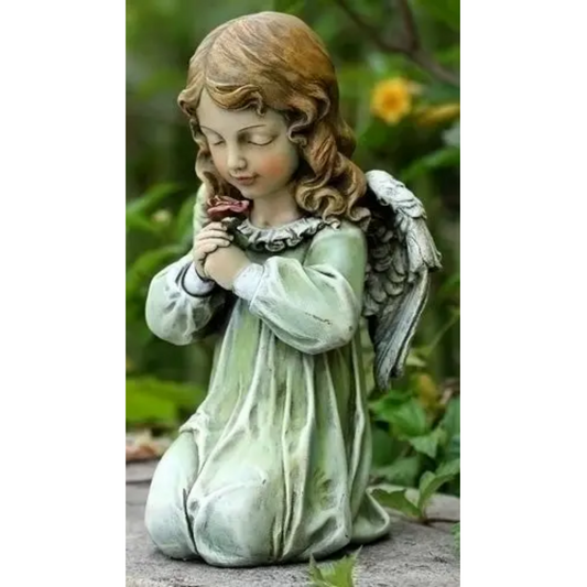 Guardian Angel Kneeling With Rose Garden Statue