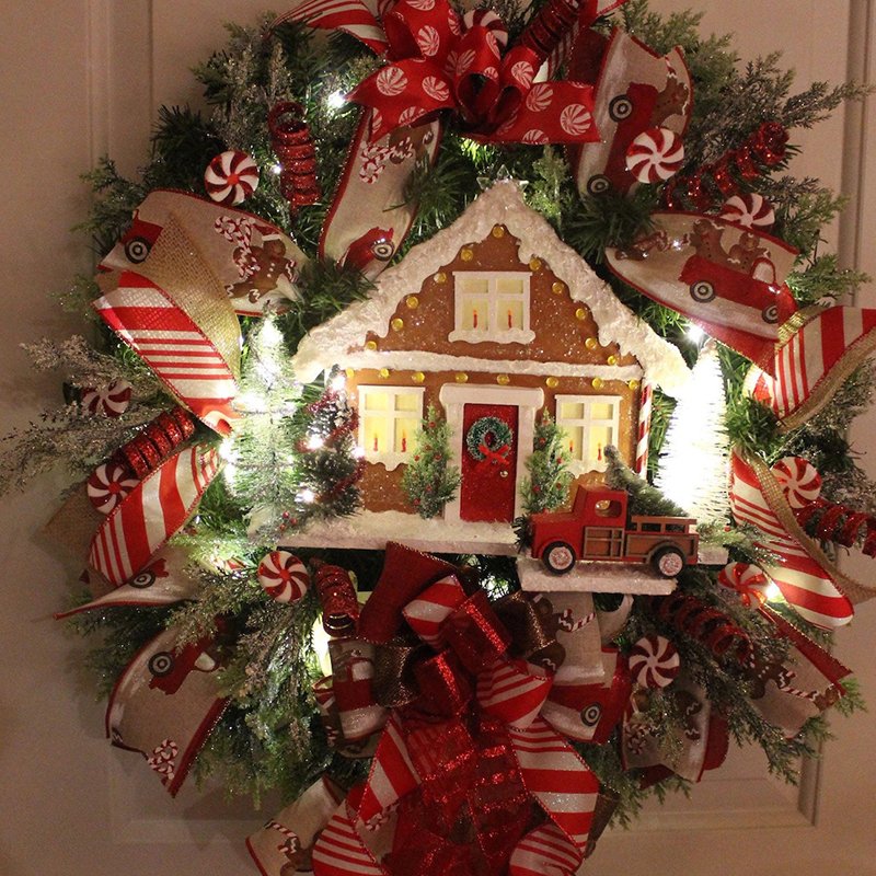 Lit Farmhouse Gingerbread Wreath for front door