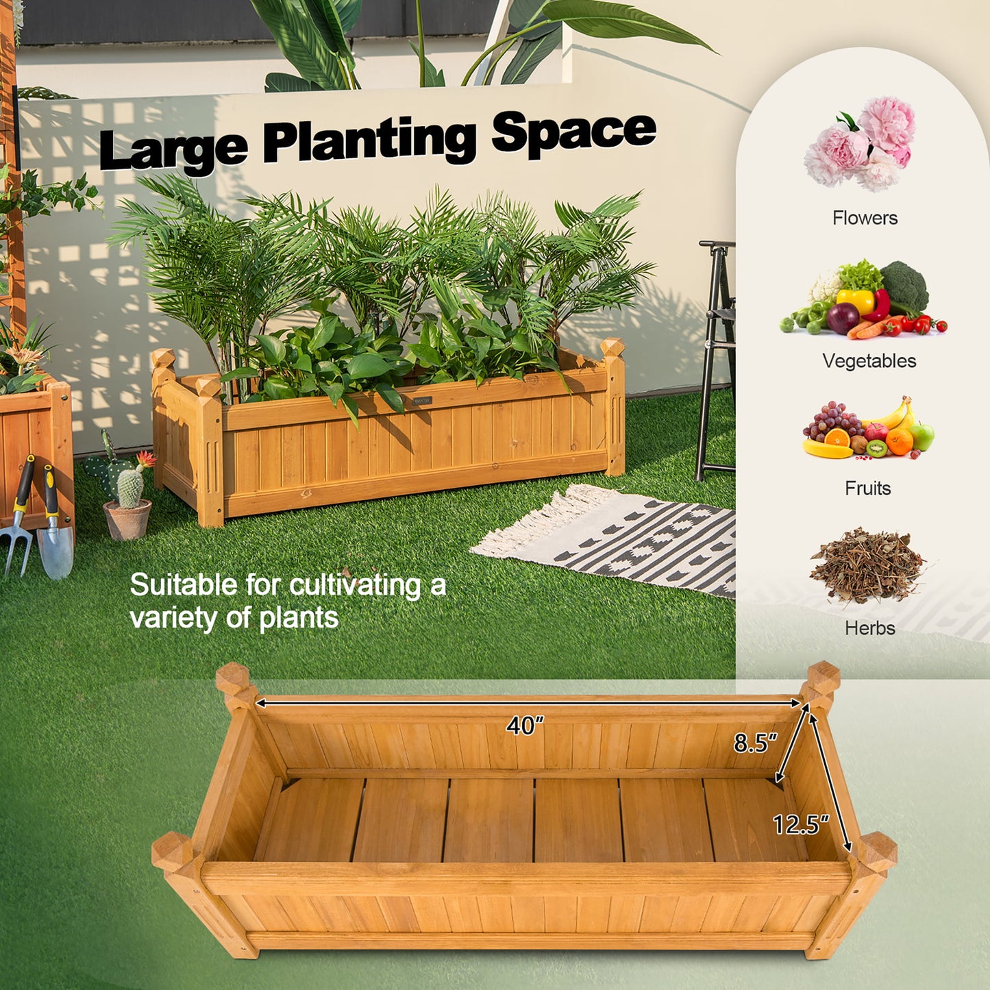 Wooden Rectangular Planter Box Raised Garden Bed for Plants with 4 Corner Drainage