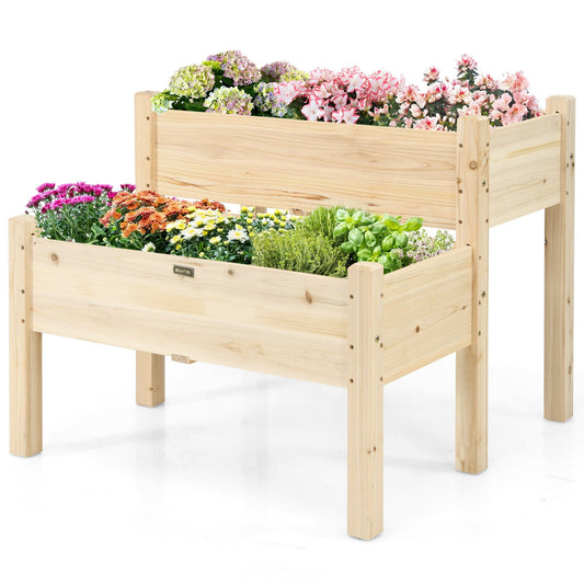 2 Tier Wooden Raised Garden Bed Elevated Planter Box w/Legs Drain Holes