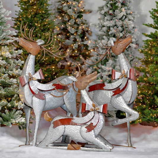 SET OF 3 LARGE GALVANIZED REINDEER WITH BOWS AND BELLS