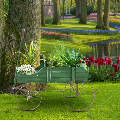 Wooden Garden Planter Wagon Cart with Metal Wheels for Backyard