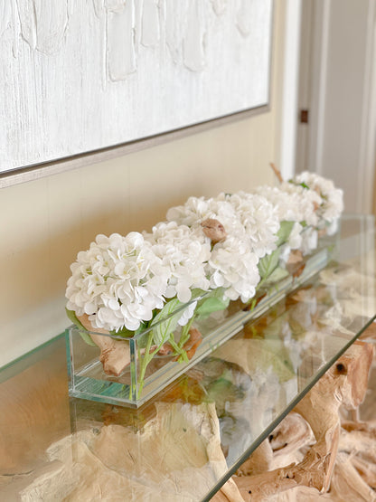 36″ Casa Moderna Glass Plate Planter with white Hydrangeas and Driftwood