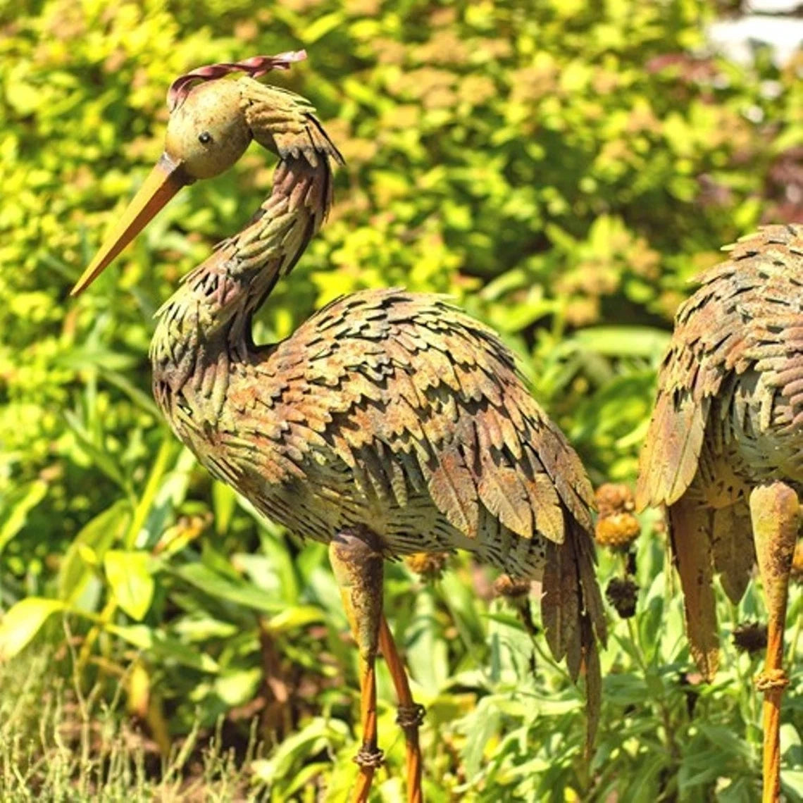 30 Inch Tall Set of 2 Iron Heron Garden Statues