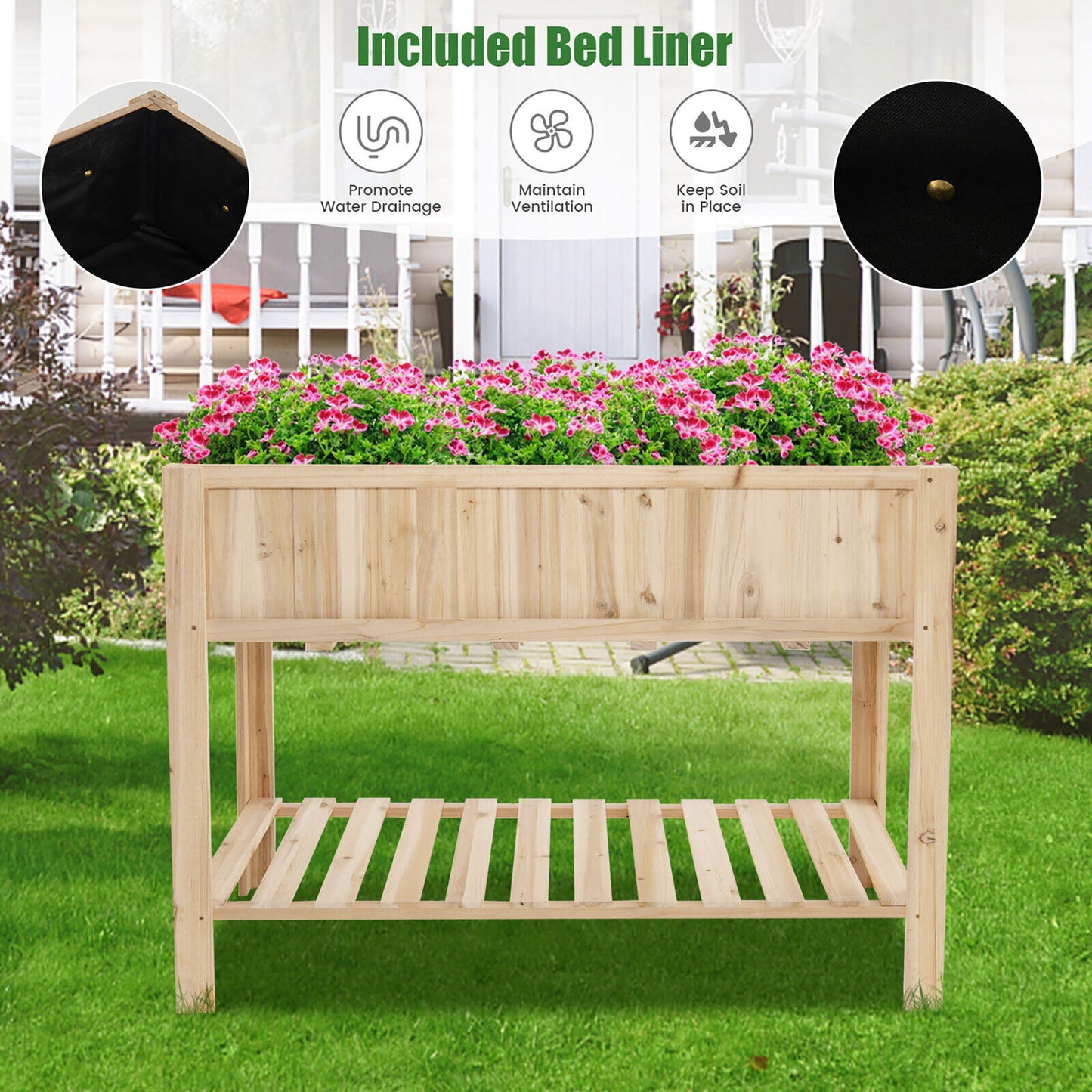 47'' Wooden Raised Garden Bed w/Bottom Shelf & Bed Liner Outdoor Elevated Planter Box