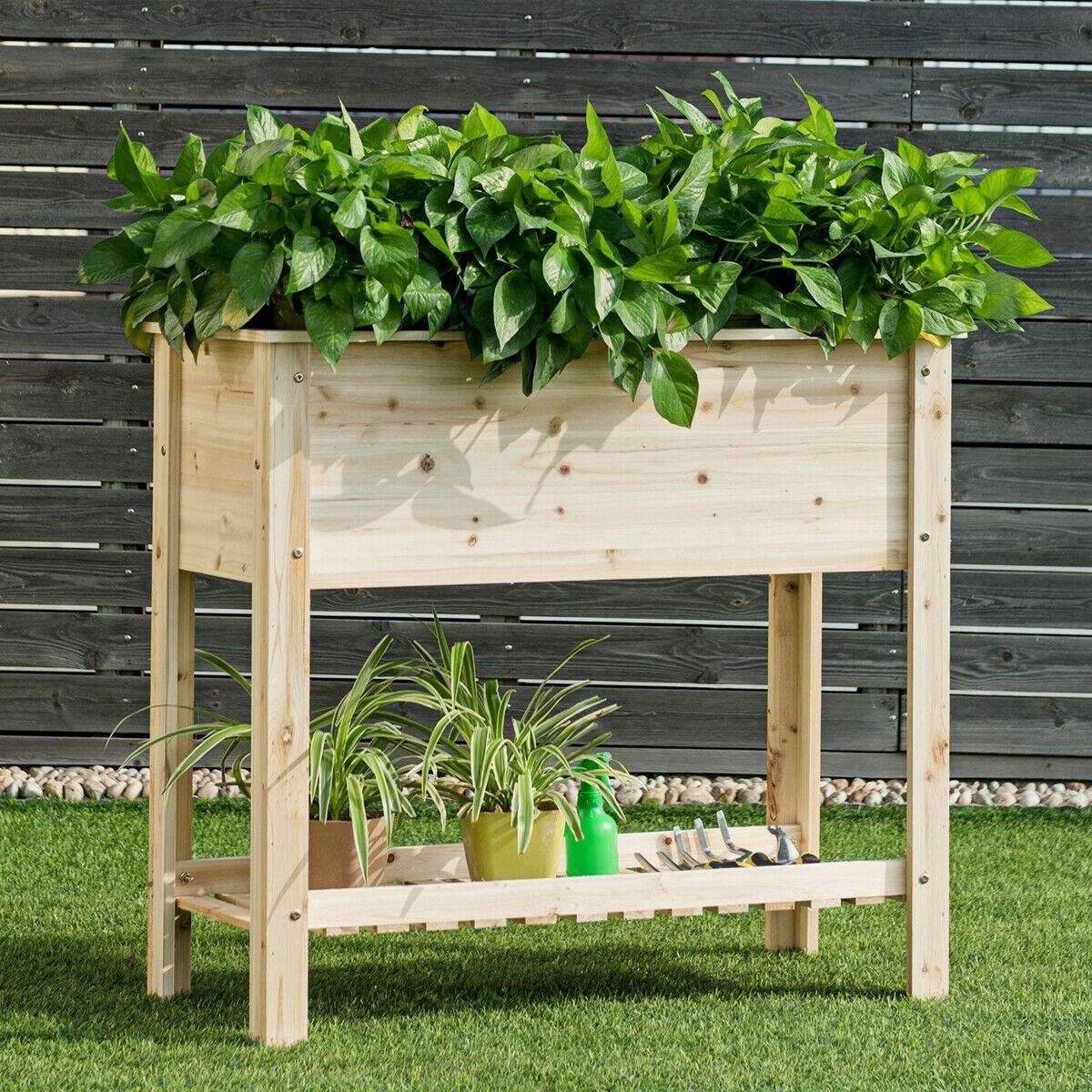 Wooden Outdoor Raised Garden Bed with Storage Shelf