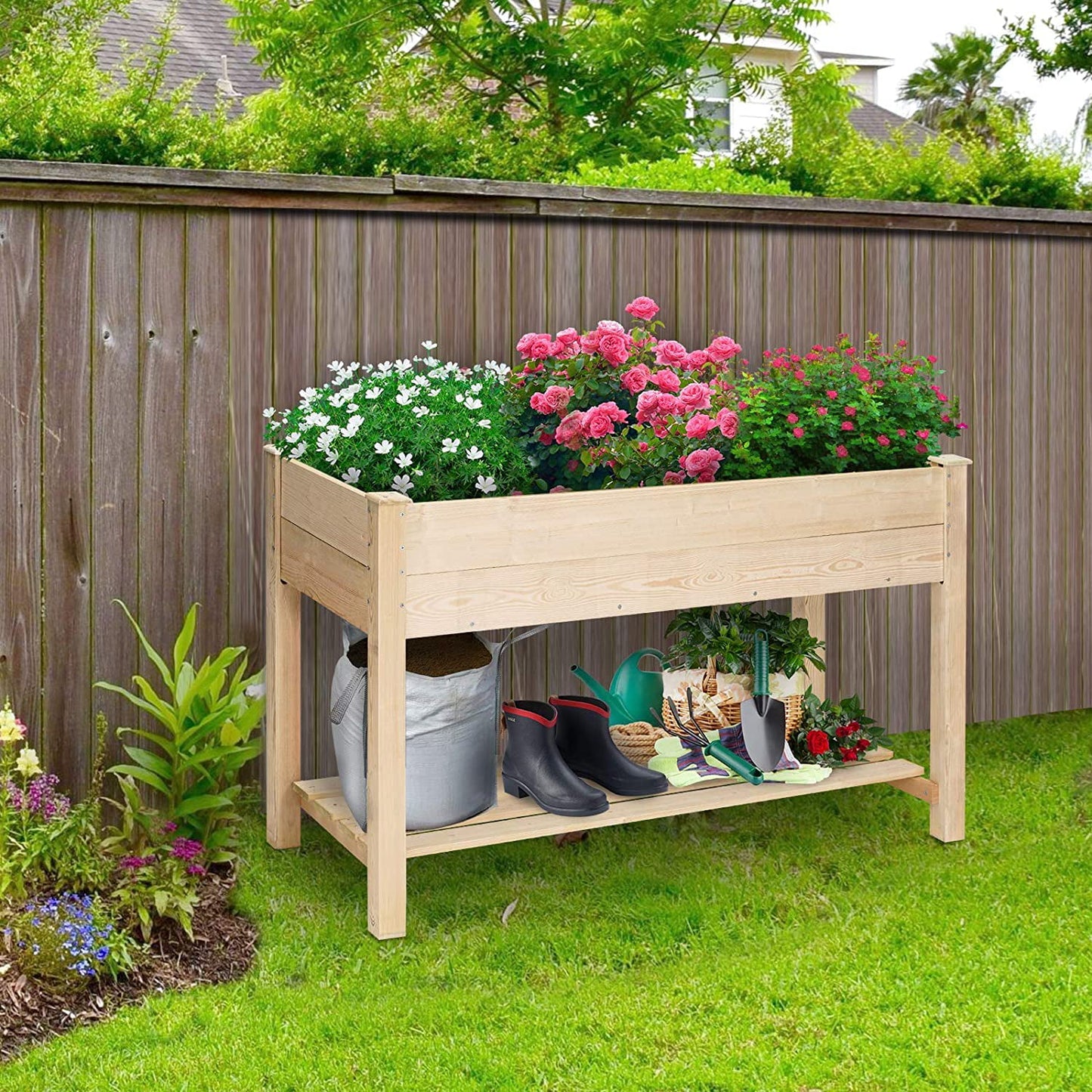 Garden Bed,Raised Garden Bed 4FT Elevated Wooden Planter Boxes Kit Outdoor with Legs Garden Grow Box with Shelves for Vegetable Flower Patio