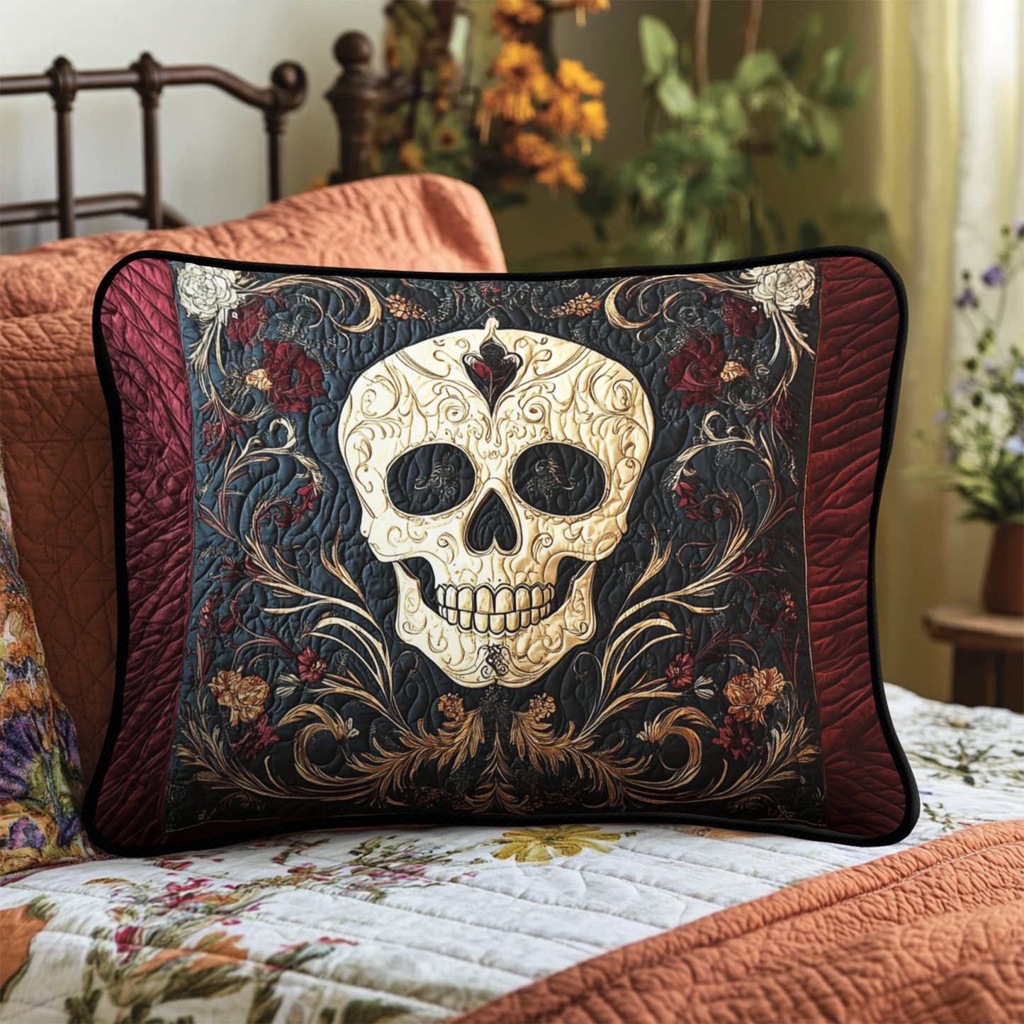 Funda de almohada acolchada con diseño de calaveras y rosas sombreadas NCU0TL2465