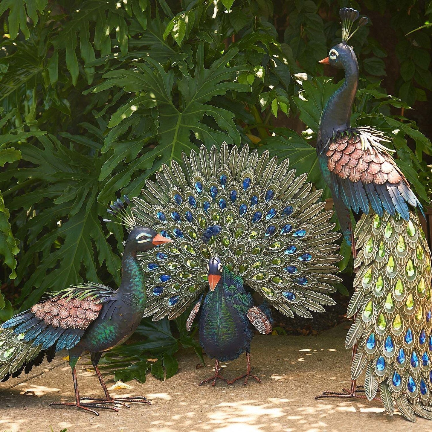 Set of 3 Elegant Iron Peacocks with Acrylic Jewel Detail