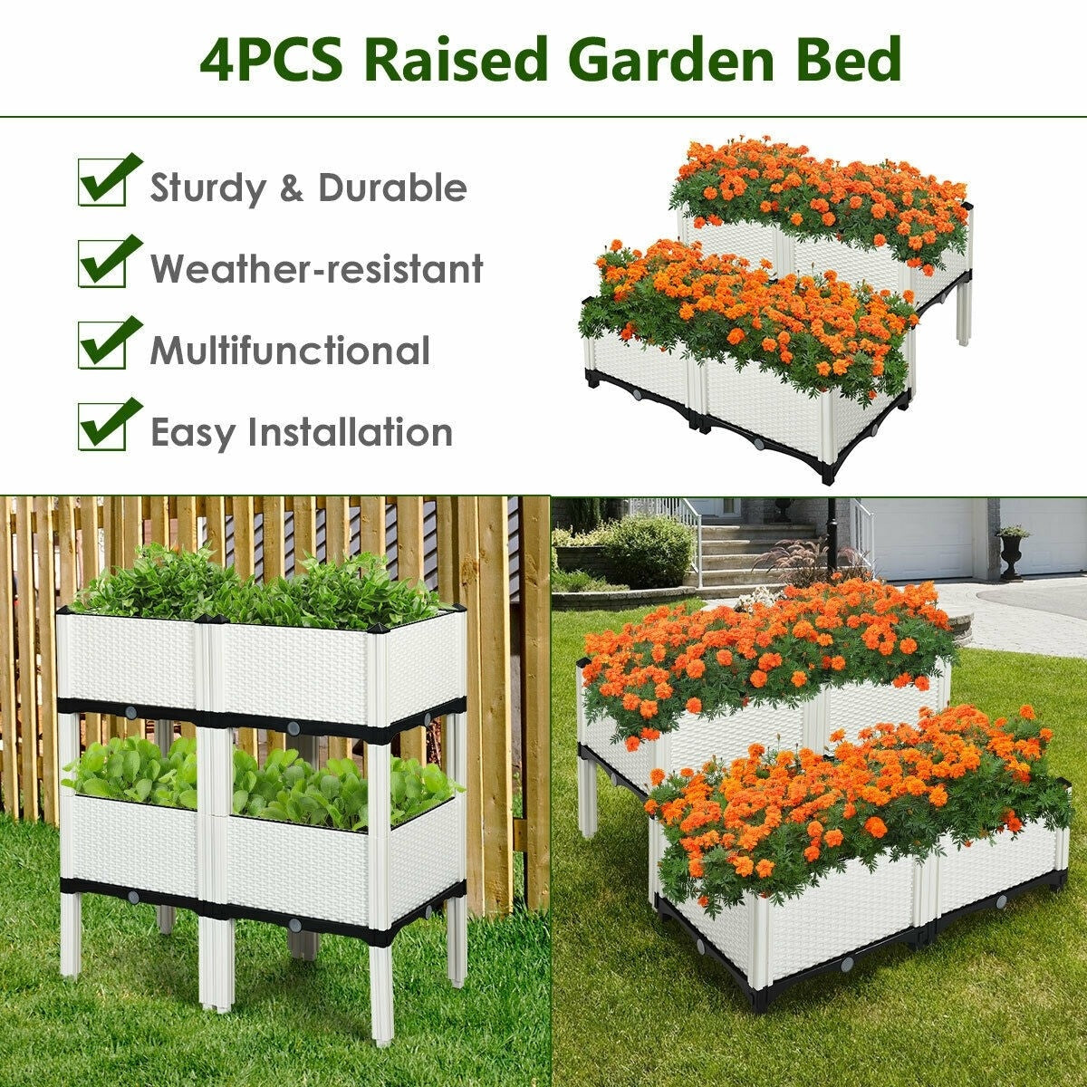 Set of 4 Plastic Raised Garden Bed Kits Planter Box for Vegetable