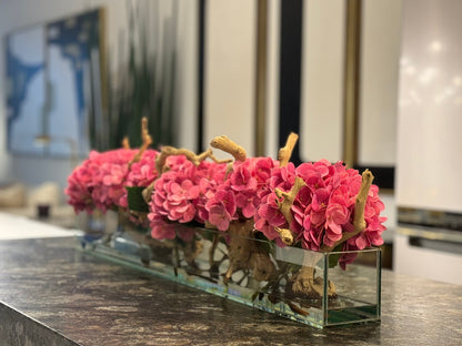 Casa Moderna Glass Plate Planter with Hydrangeas and Driftwood