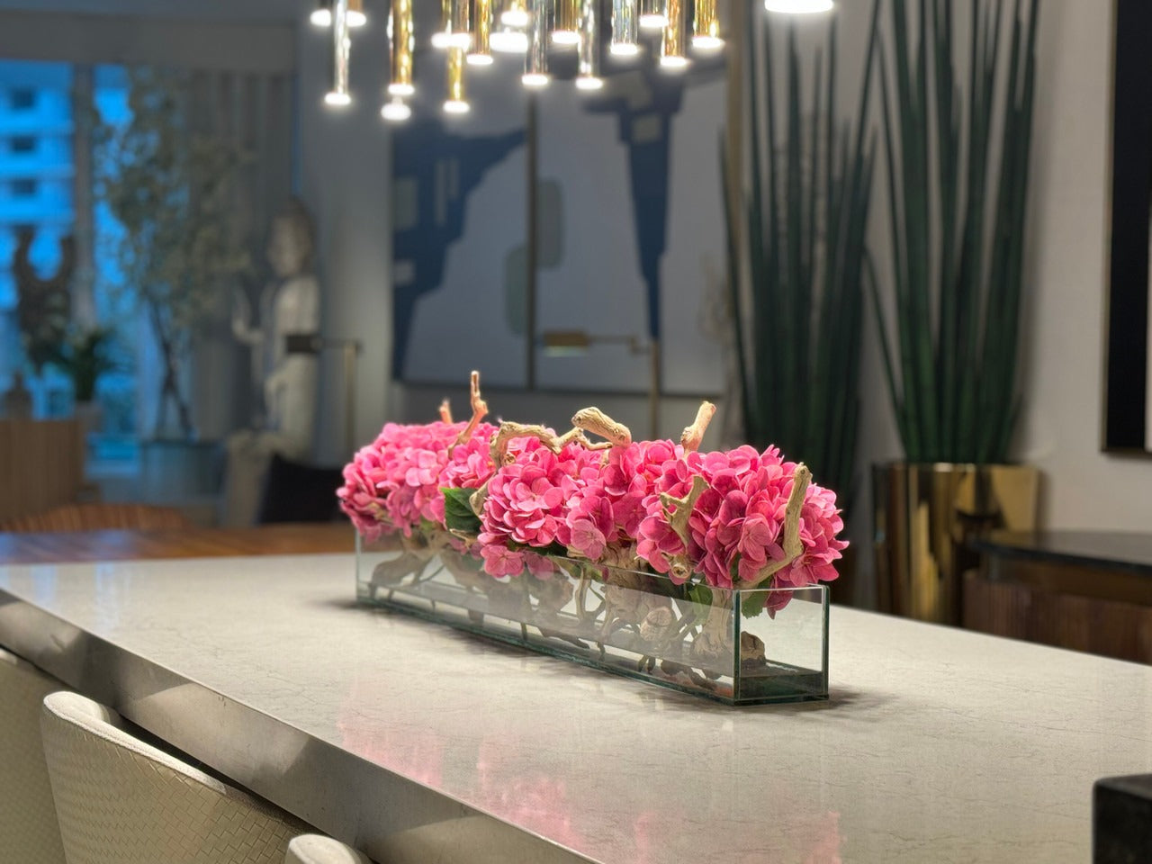 Casa Moderna Glass Plate Planter with Hydrangeas and Driftwood