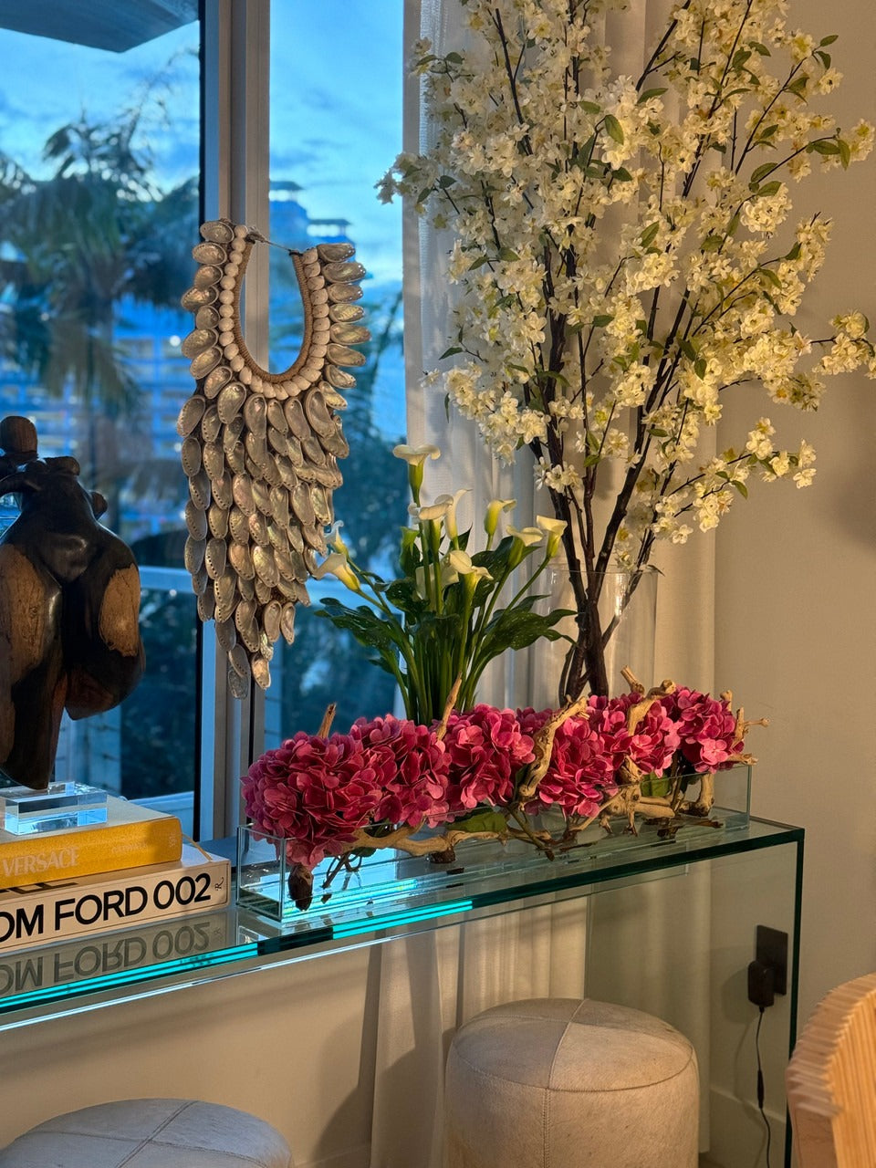 Casa Moderna Glass Plate Planter with Hydrangeas and Driftwood