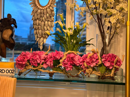 Casa Moderna Glass Plate Planter with Hydrangeas and Driftwood