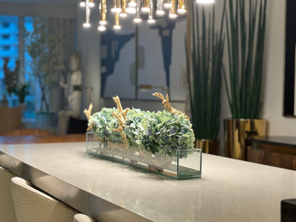 Casa Moderna Glass Plate Planter with Hydrangeas and Driftwood