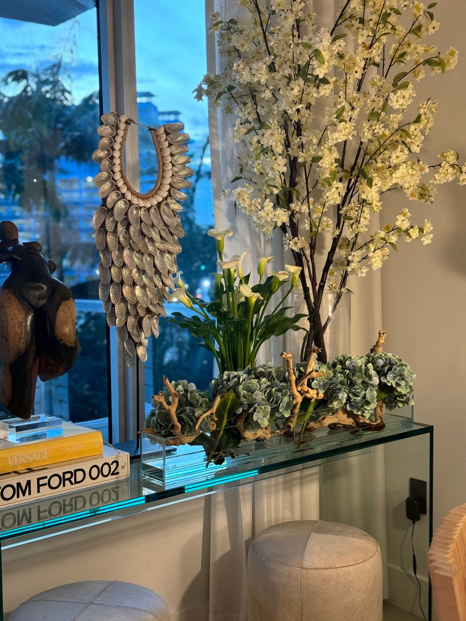 Casa Moderna Glass Plate Planter with Hydrangeas and Driftwood