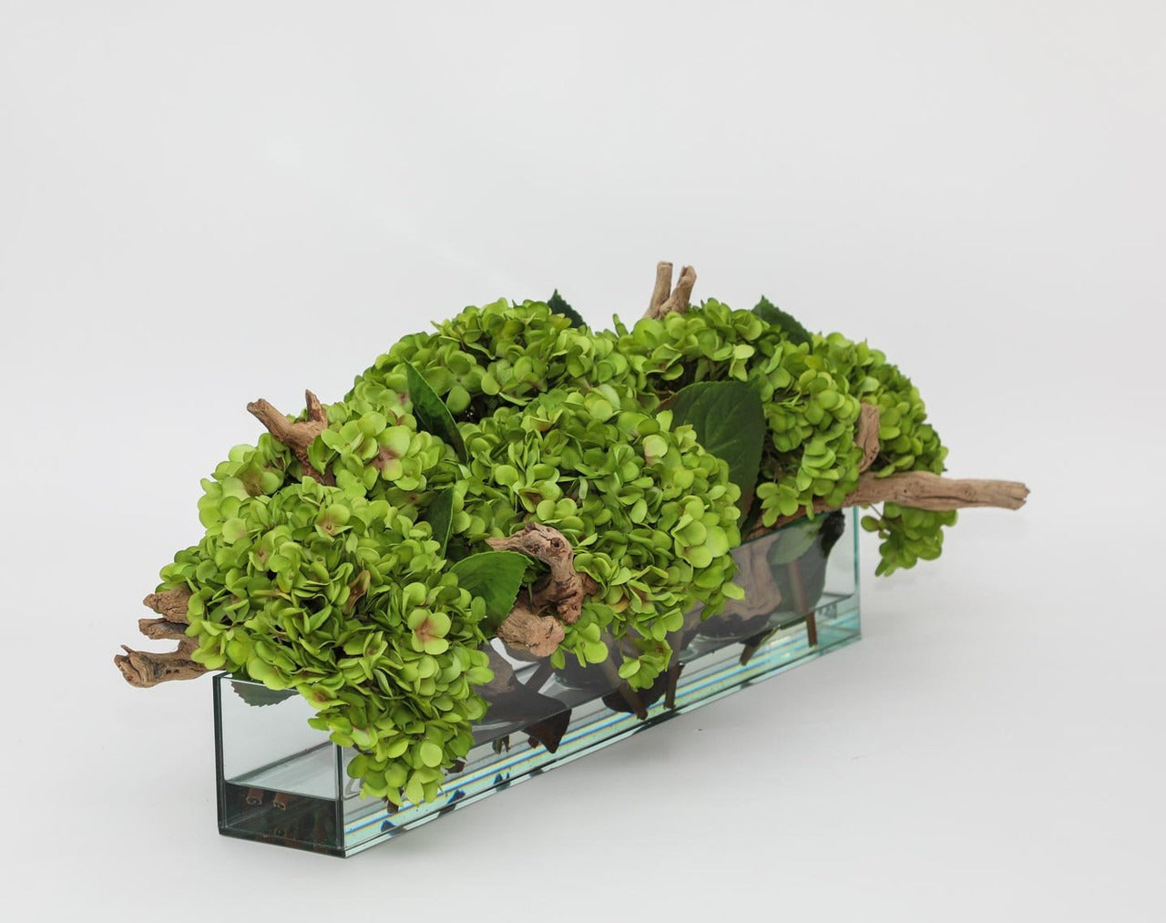 Casa Moderna Glass Plate Planter with Hydrangeas and Driftwood