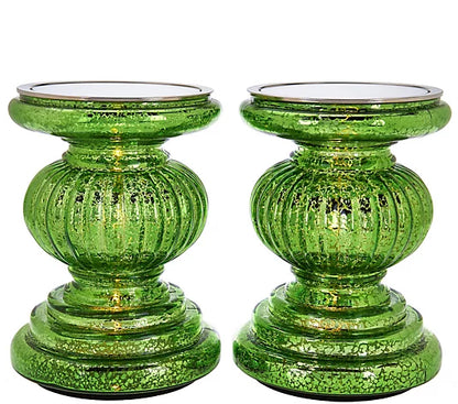 Set of 2 Lit Candle Holder Pedestals with Mirror Inserts