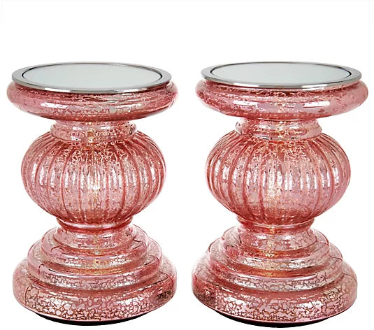 Set of 2 Lit Candle Holder Pedestals with Mirror Inserts