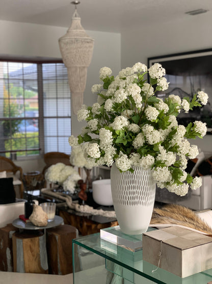 Pelican Vase with White Snowball Hydrangeas