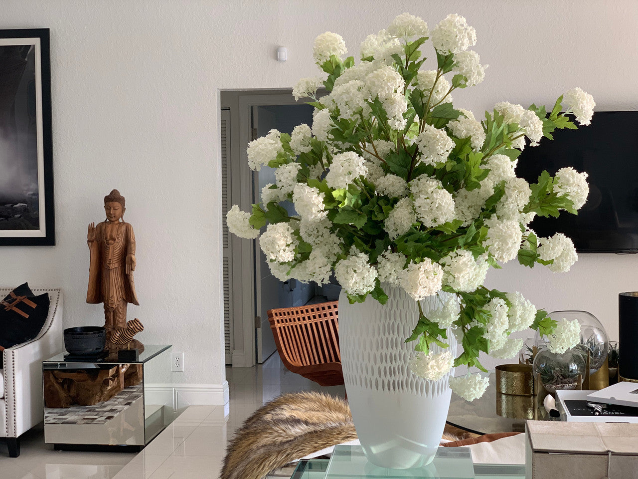 Pelican Vase with White Snowball Hydrangeas