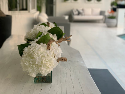 36″ Casa Moderna Glass Plate Planter with white Hydrangeas and Driftwood