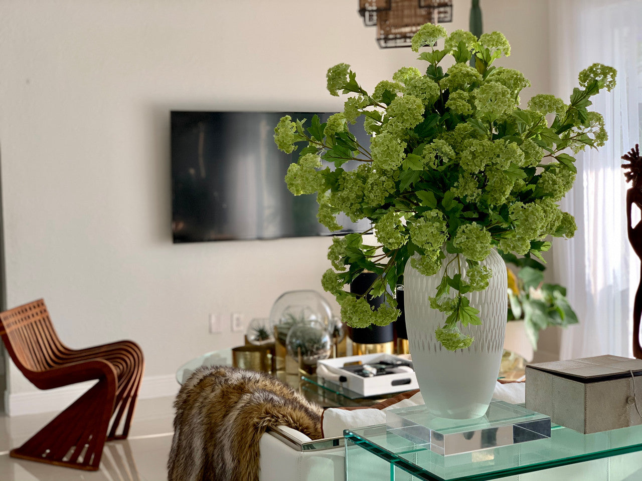 Pelican Vase with Green Snowball Hydrangeas