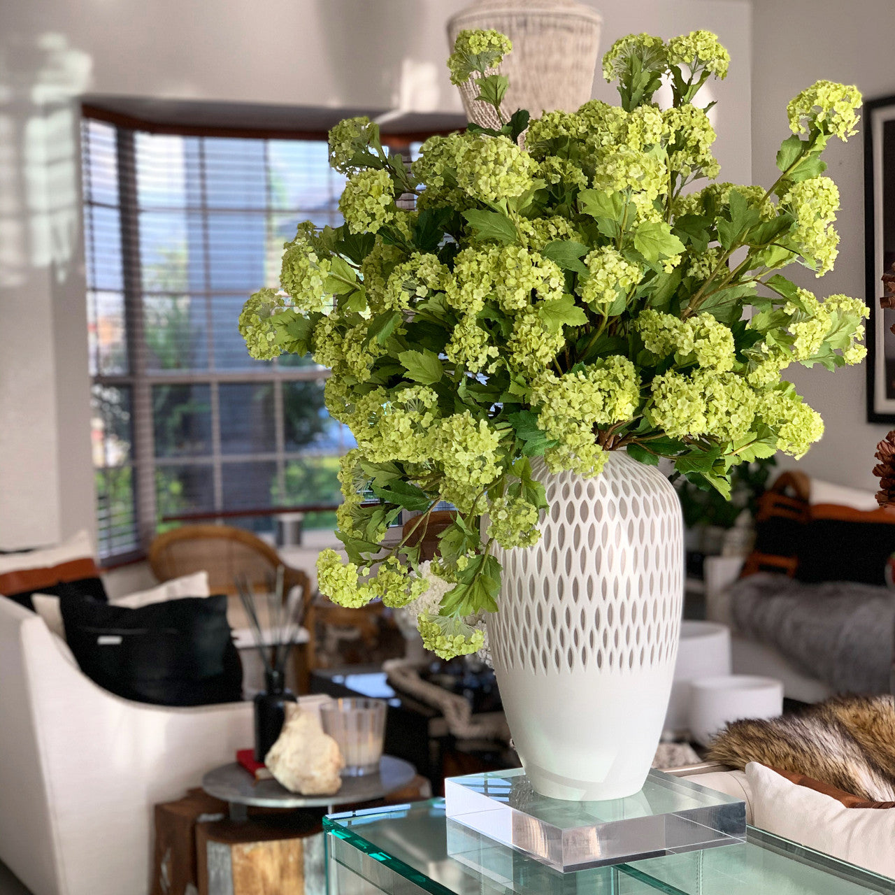 Pelican Vase with Green Snowball Hydrangeas