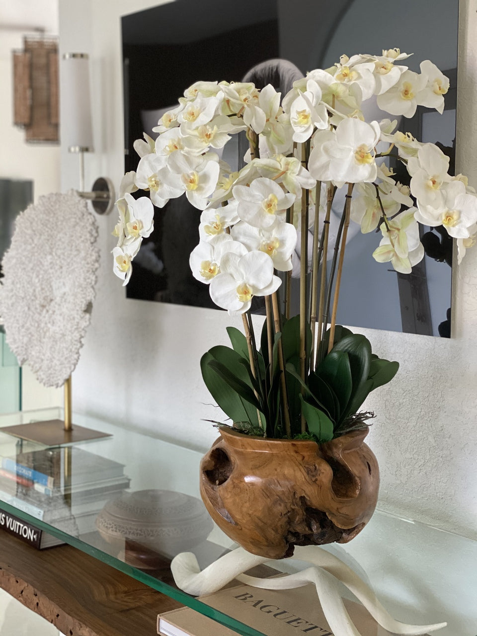 Large teak bowl with white orchids