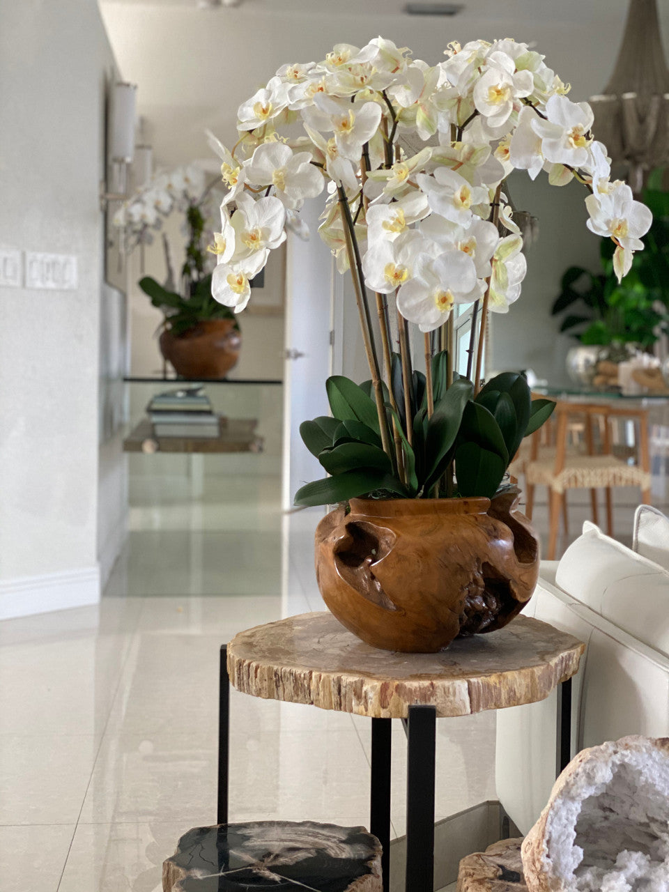 Large teak bowl with white orchids