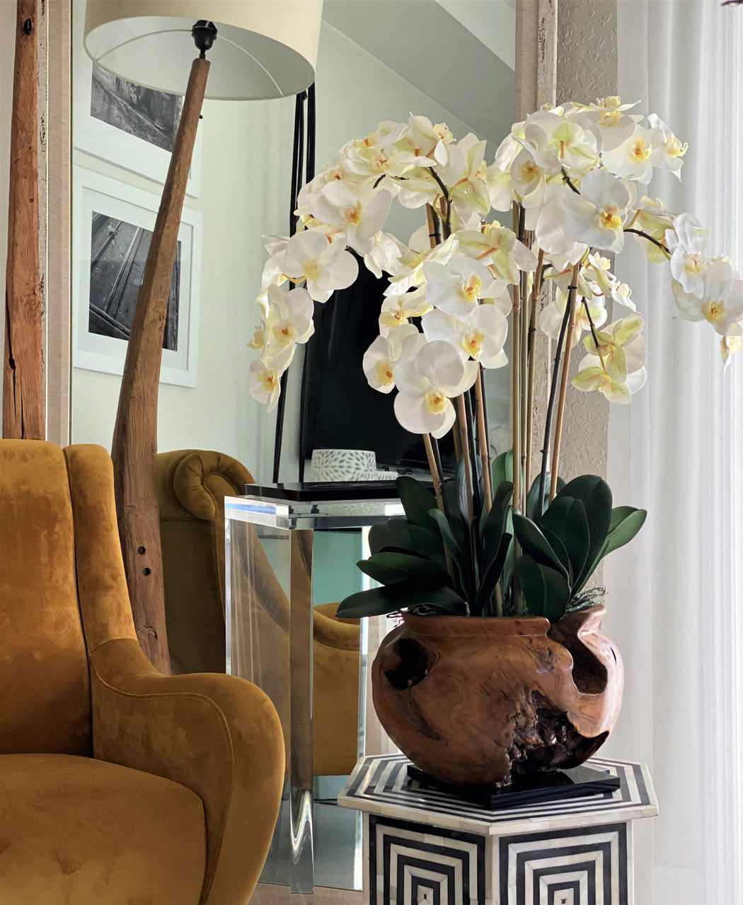 Large teak bowl with white orchids