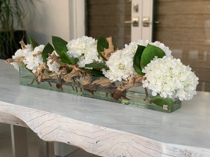 36″ Casa Moderna Glass Plate Planter with white Hydrangeas and Driftwood