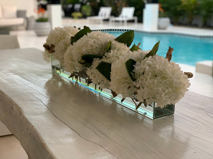 36″ Casa Moderna Glass Plate Planter with white Hydrangeas and Driftwood