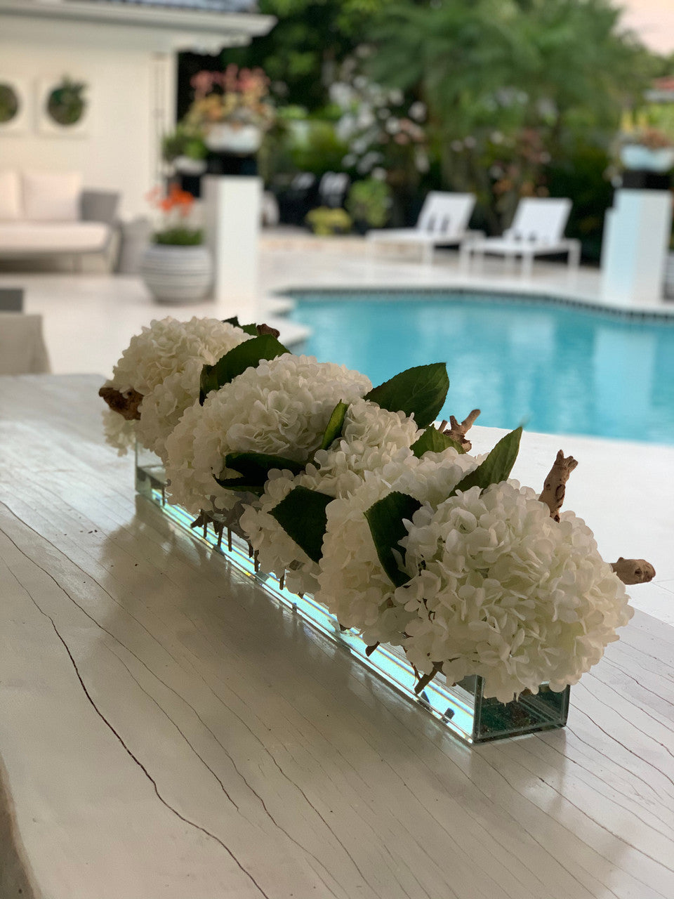 36″ Casa Moderna Glass Plate Planter with white Hydrangeas and Driftwood