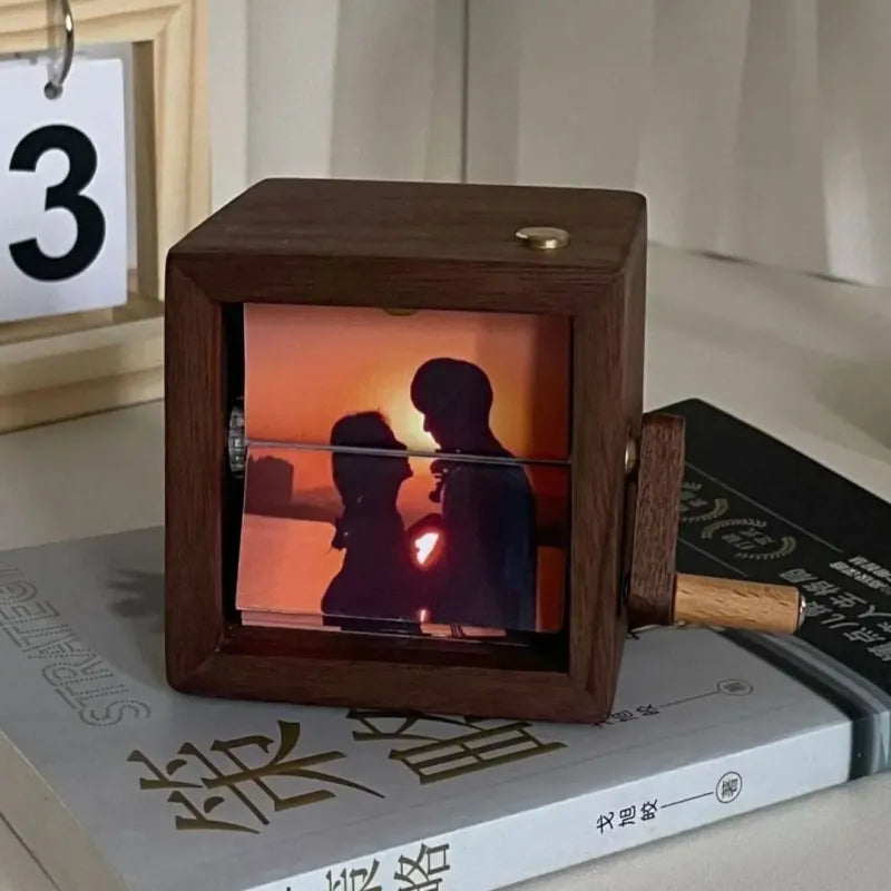 Custom Photo Flipbook Frame Animation Machine Mechanical Hand-cranked Photo Album with Light Black Walnut Baby Photo Cube Frame Creative Gift