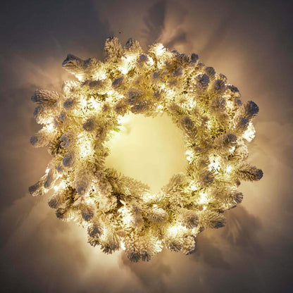 24" King Flock® Wreath with Warm White LED Lights (Battery Operated)