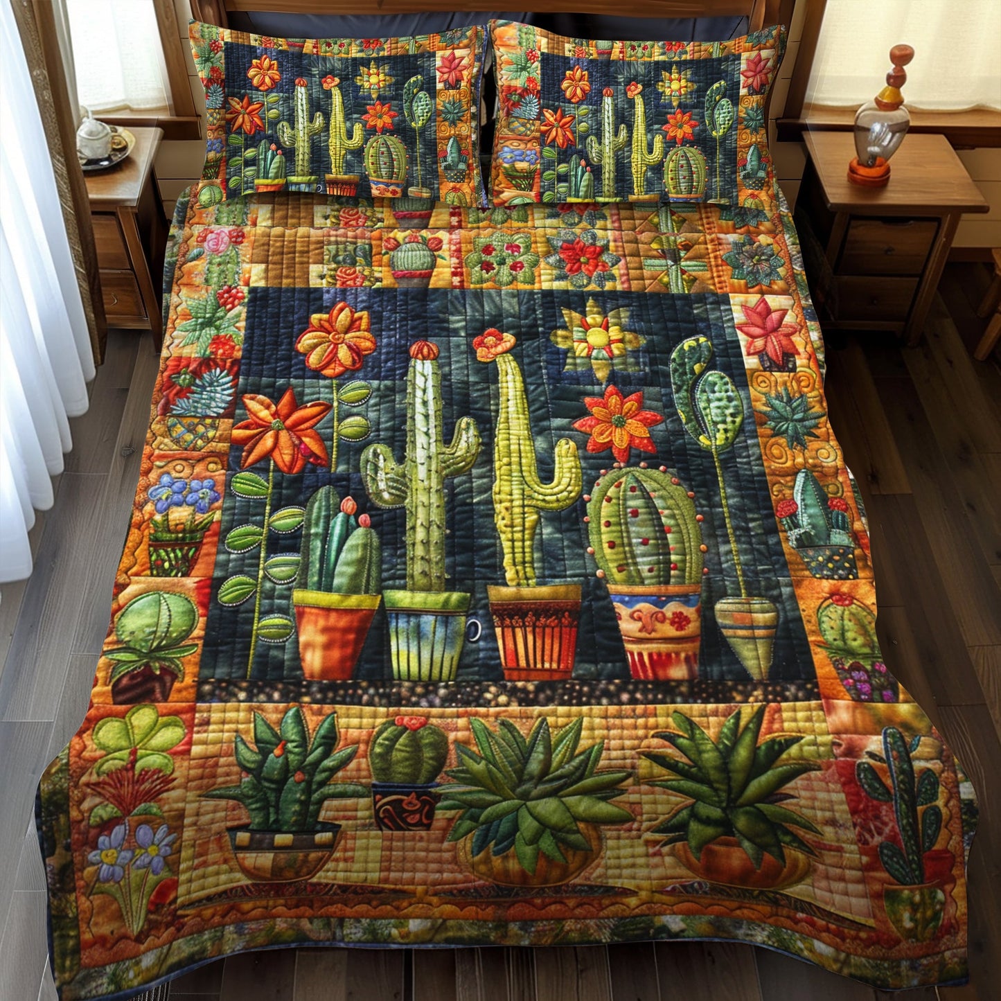 Juego de cama acolchado de 3 piezas con suculentas y vibrantes cactus NCU0PD055