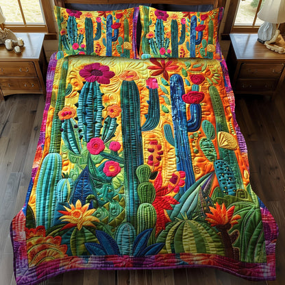 Juego de cama acolchado de 3 piezas con cactus en flor NCU0PD051