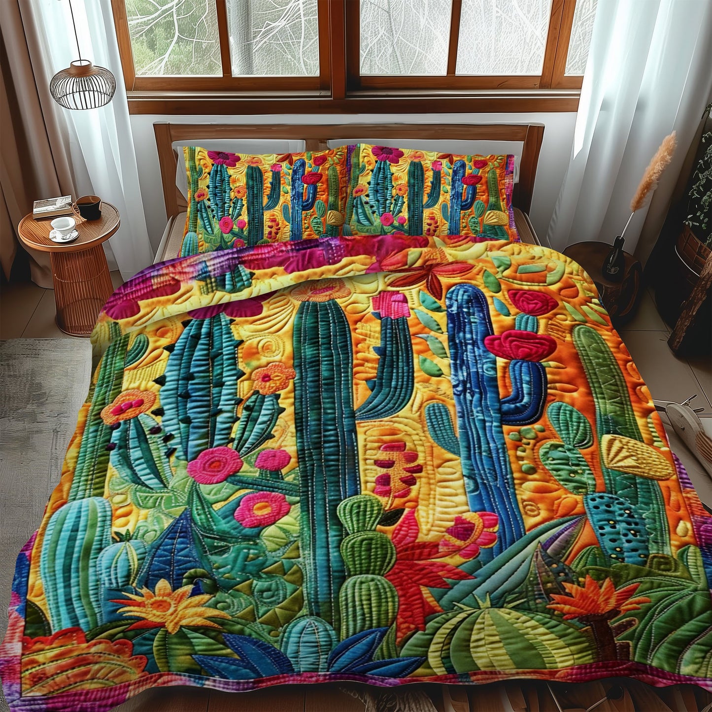 Juego de cama acolchado de 3 piezas con cactus en flor NCU0PD051