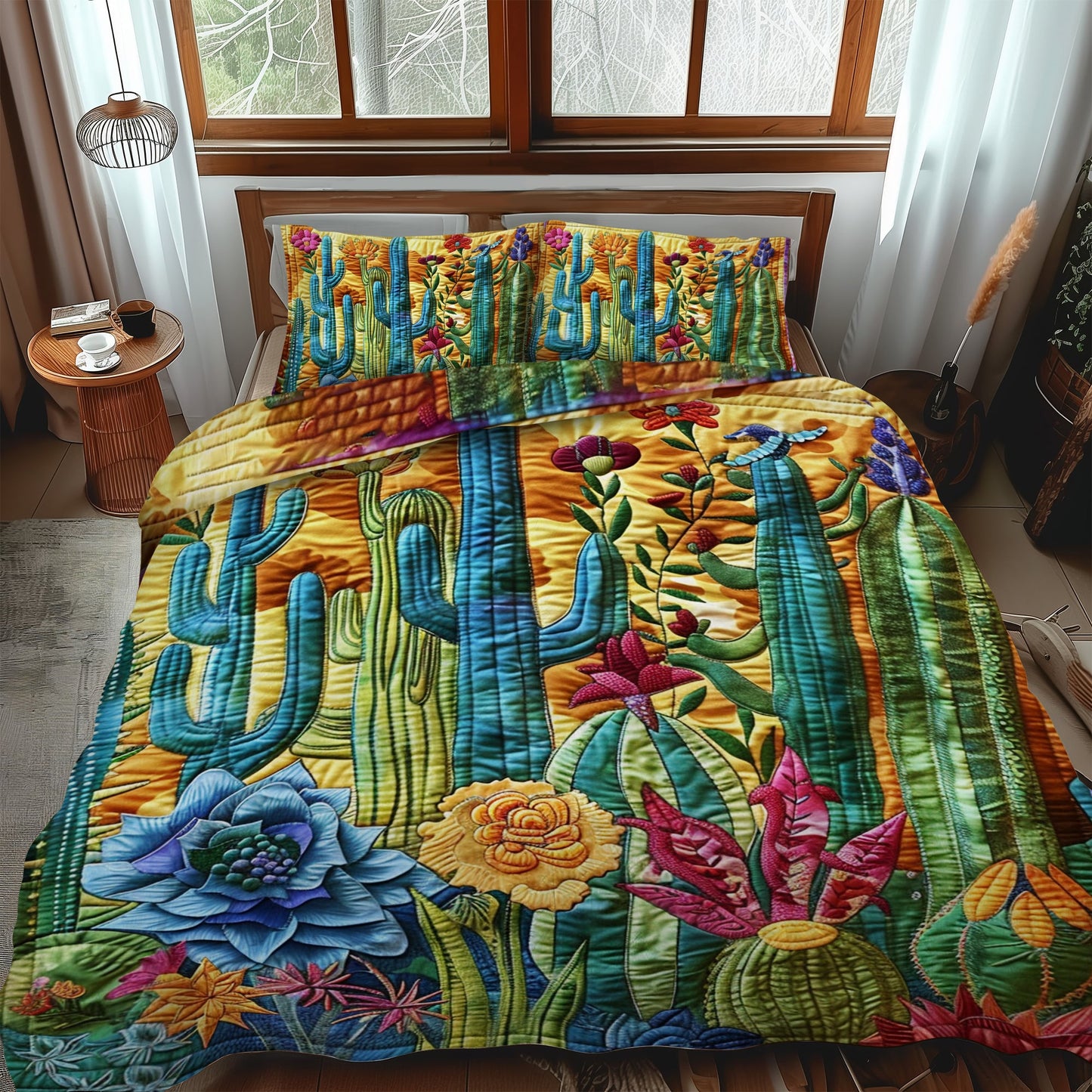 Juego de cama acolchado de 3 piezas con diseño elegante de cactus en flor NCU0PD052