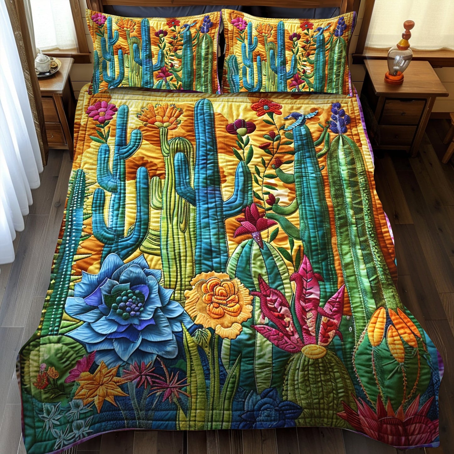 Juego de cama acolchado de 3 piezas con diseño elegante de cactus en flor NCU0PD052