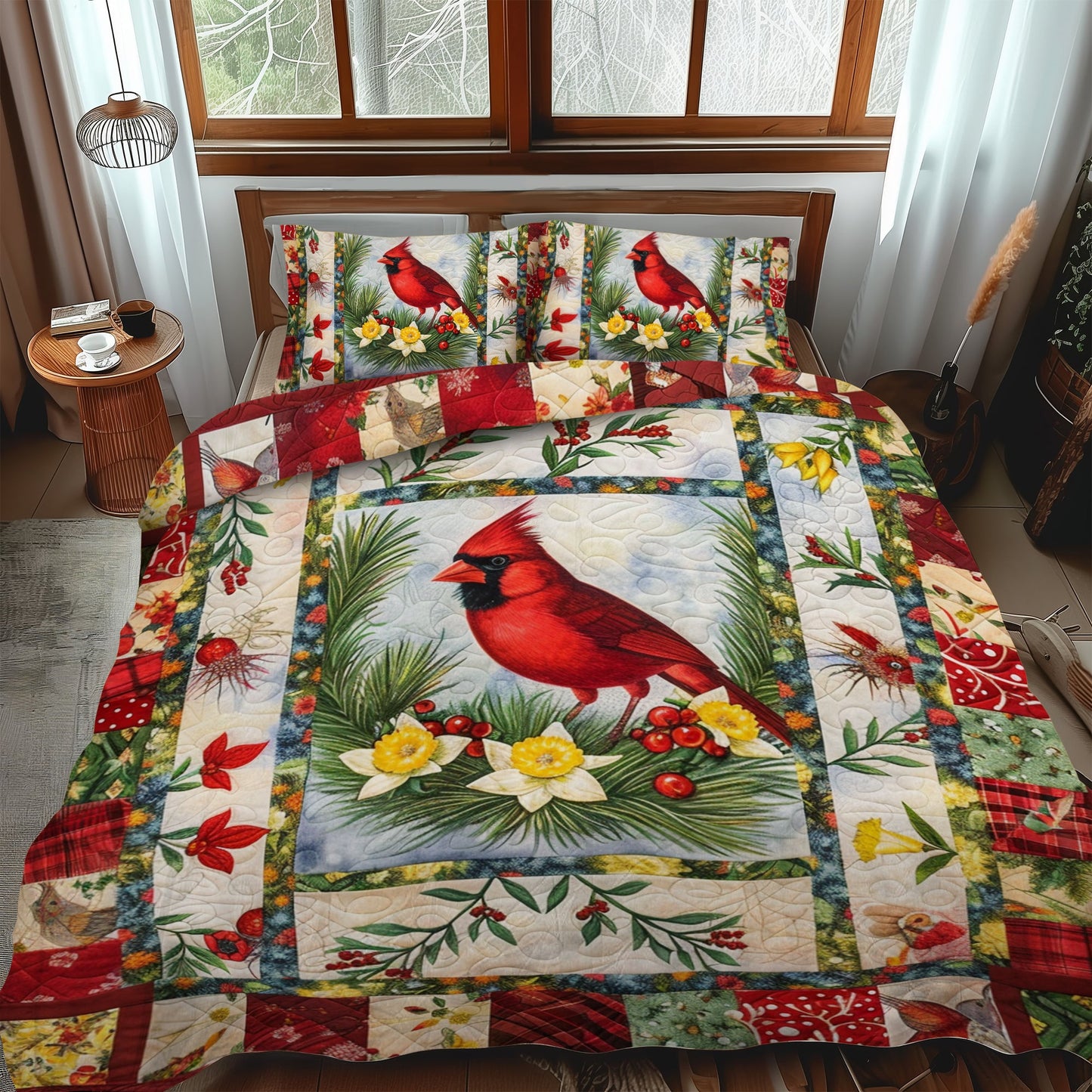 Elegant Cardinal Bird 3-Piece Quilted Bedding Set NCU0PD207