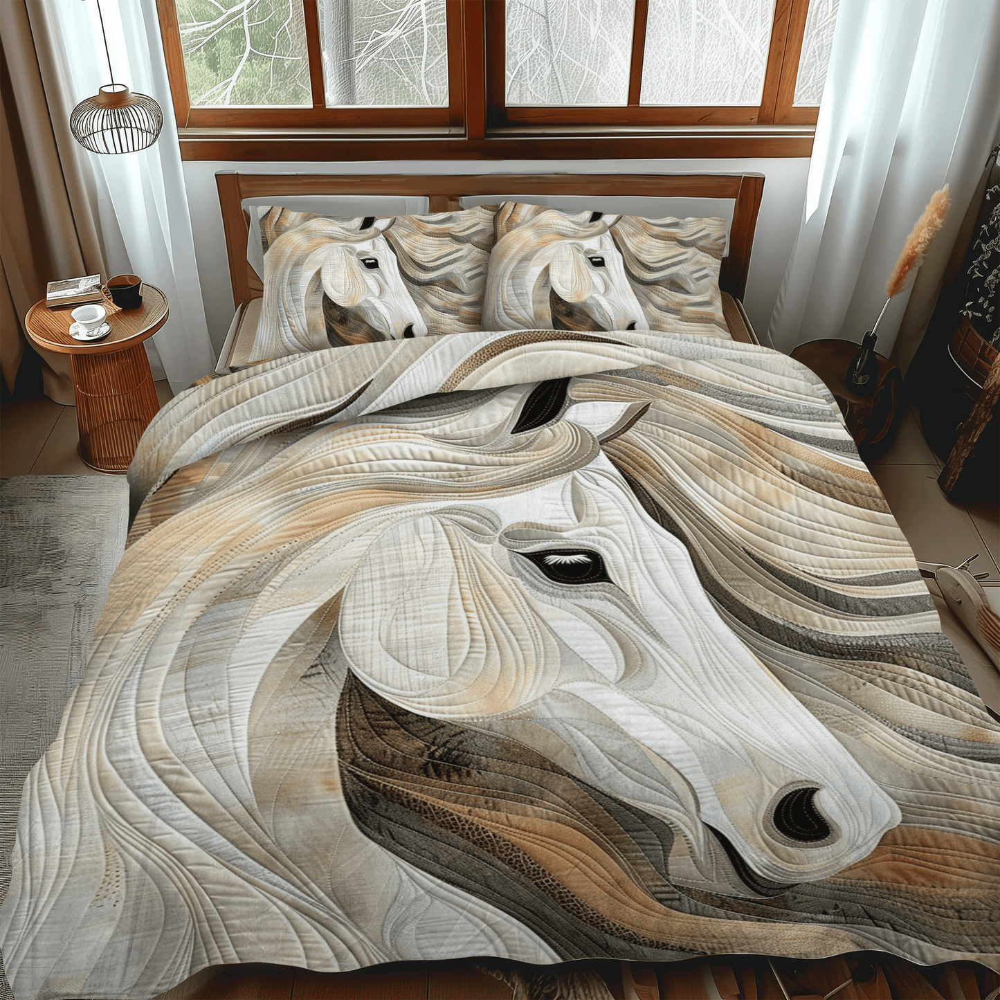 Artistic White Horse 3-Piece Quilted Bedding Set NCU0PD335