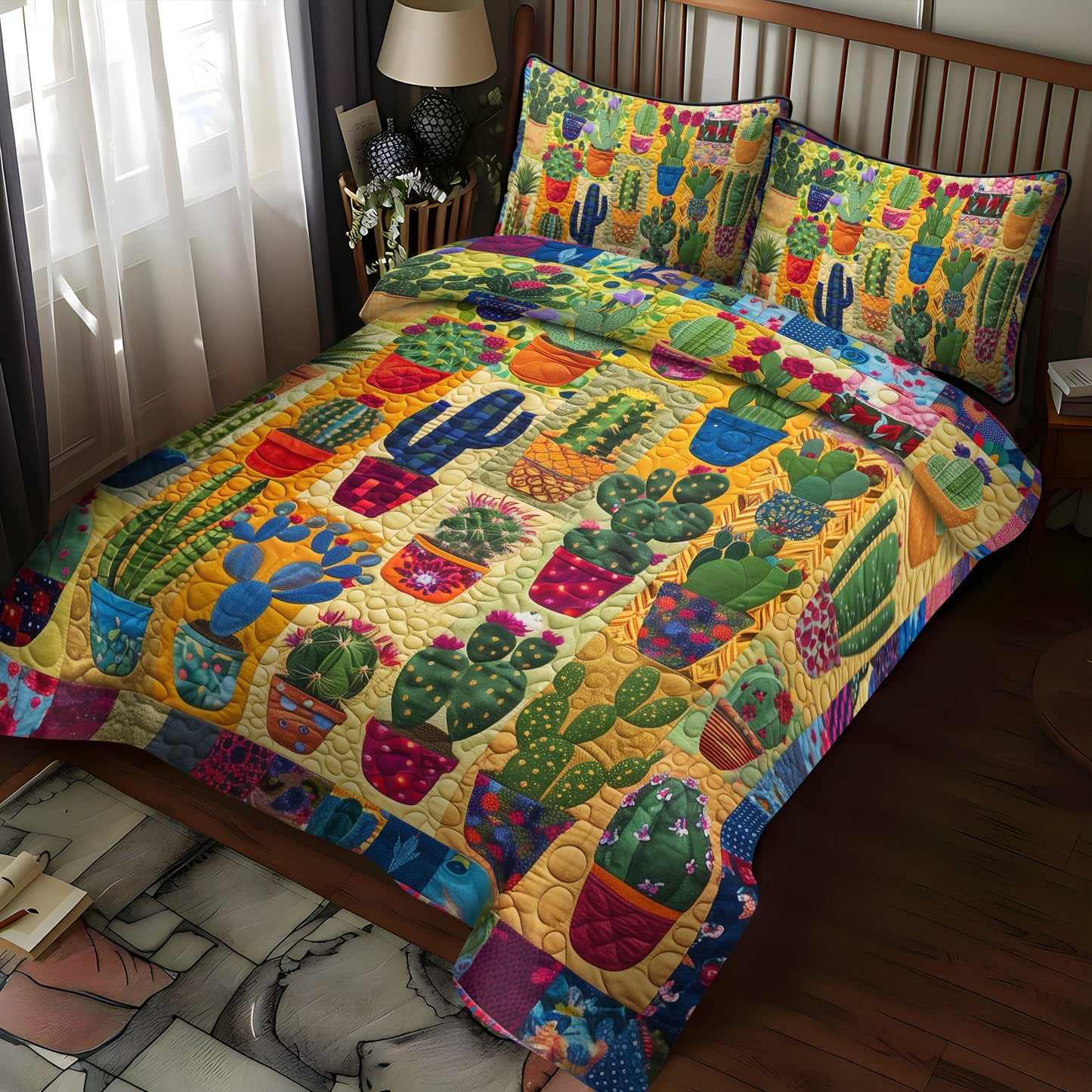 Desert Bloom Cactus 3-Piece Quilted Bedding Set NCU0PD060