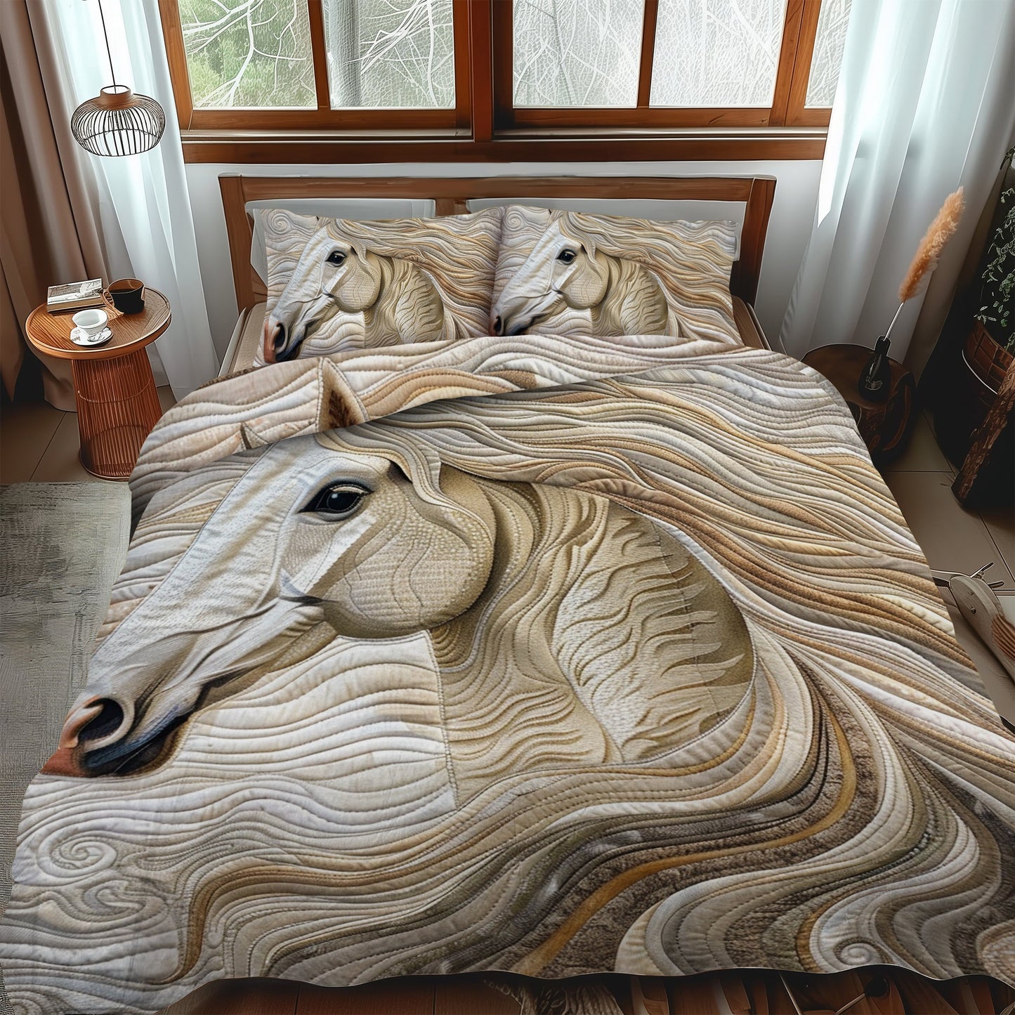 Juego de cama acolchado de 3 piezas con diseño de caballo blanco vibrante NCU0PD162