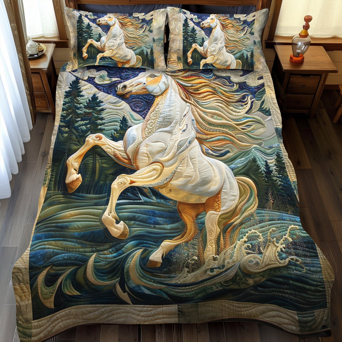 Juego de cama acolchado de 3 piezas con diseño de caballo al galope NCU0PD172